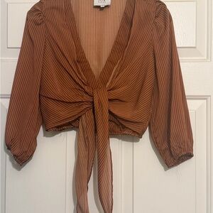 J.O.A. Brown Pinstripe Tie-Front Blouse